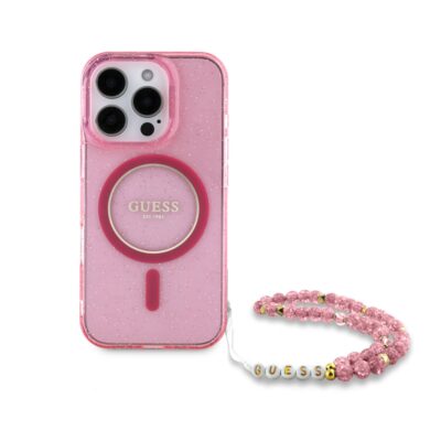 Rožinis dėklas Guess IML Glitter Strap MagSafe telefonui Apple iPhone 16 Pro Max su blizgučiais ir rožine grandinėle