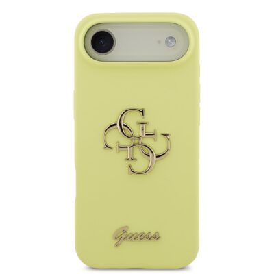 Geltonas originalus dėklas Guess Liquid Silicone 4G Metal Logo telefonui Apple Iphone 17 Air su metaliniu logotipu