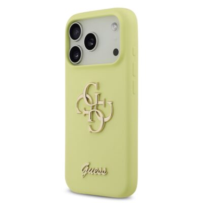 Geltonas originalus dėklas Guess Liquid Silicone 4G Metal Logo telefonui Apple Iphone 17 Pro