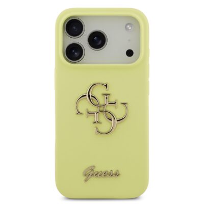 Geltonas originalus deklas Guess Liquid Silicone 4G Metal Logo Apple Iphone 17 Pro telefonui