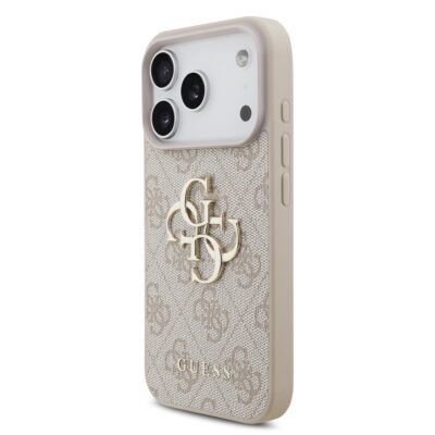 Rausvas dėklas telefonui Apple Iphone 17 Pro Guess PU 4G Metal Logo Strap su auksiniu logotipu