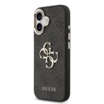 Juodas dėklas telefonui Apple iPhone 17 Guess PU Leather su aukso spalvos metaliniu logotipu ir rėmeliu