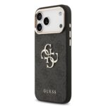 Juodas dėklas telefonui Apple iPhone 17 Pro Max Guess PU Leather 4G Metal Logo Gold Frame MagSafe