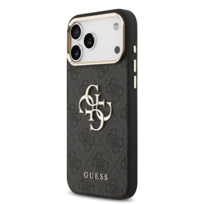 Juodas dėklas telefonui Apple iPhone 17 Pro Max Guess PU Leather 4G Metal Logo Gold Frame MagSafe