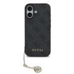 Pilkas originalus dėklas Guess 4G Charms telefonui Apple Iphone 17 su juodu raštu ir auksiniu pakabuku