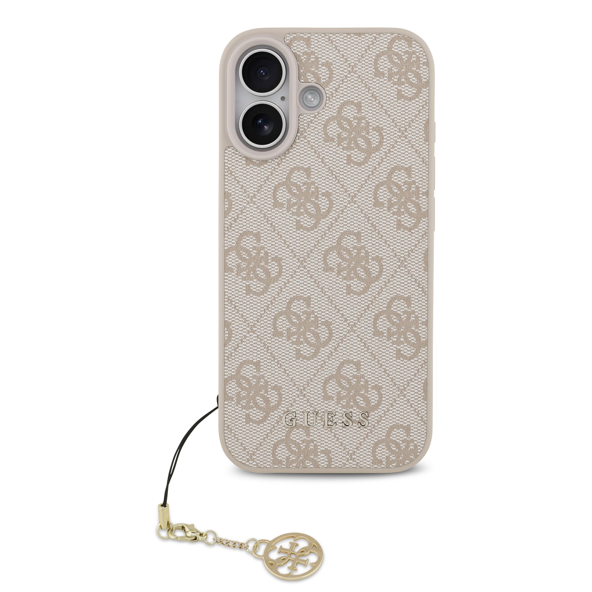 Rausvas originalus dėklas Guess 4G Charms Apple Iphone 17 Rausvas originalus dėklas Guess 4G Charms telefonui Apple Iphone 17 su raštu ir auksine dekoratyvine grandinėle