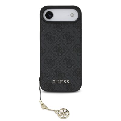 Pilkas originalus dėklas Guess 4G Charms telefonui Apple Iphone 17 Air su metaliniu pakabuku