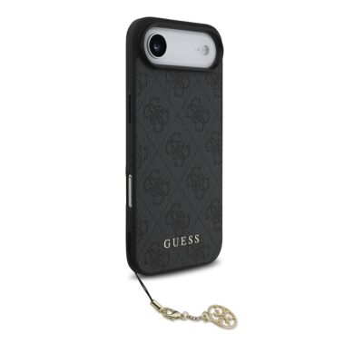 Pilkas originalus dėklas Guess 4G Charms telefonui Apple Iphone 17 Air su subtiliu raštu ir pakabuku