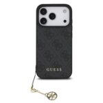 Pilkas originalus deklas Guess 4G Charms telefonui Apple Iphone 17 Pro su auksinio spalvos papuosalu