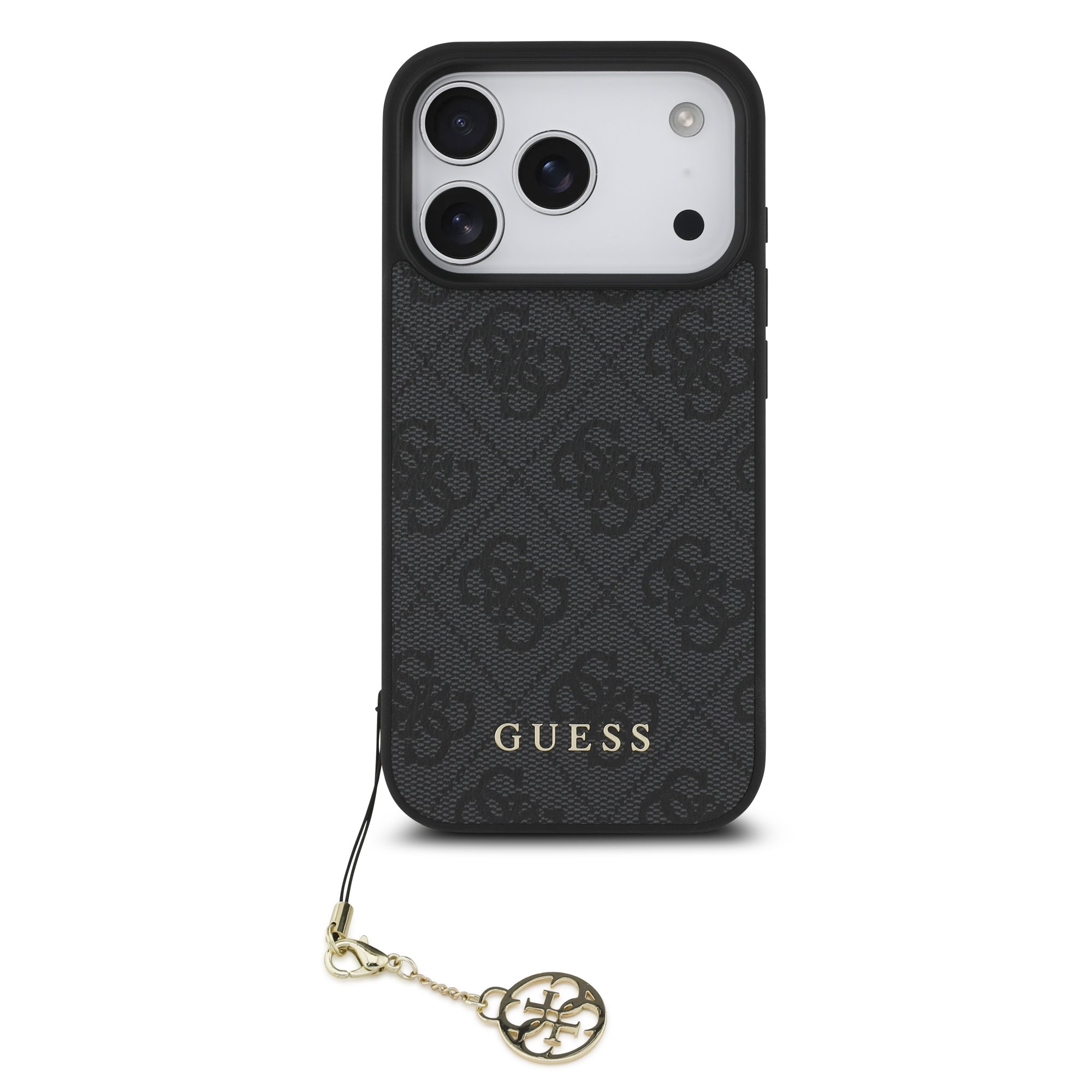 Pilkas originalus deklas Guess 4G Charms telefonui Apple Iphone 17 Pro Pilkas originalus deklas Guess 4G Charms telefonui Apple Iphone 17 Pro su auksinio spalvos papuosalu
