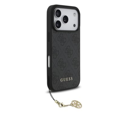 Pilkas originalus deklas Guess 4G Charms telefonui Apple Iphone 17 Pro su auksine pakabuke