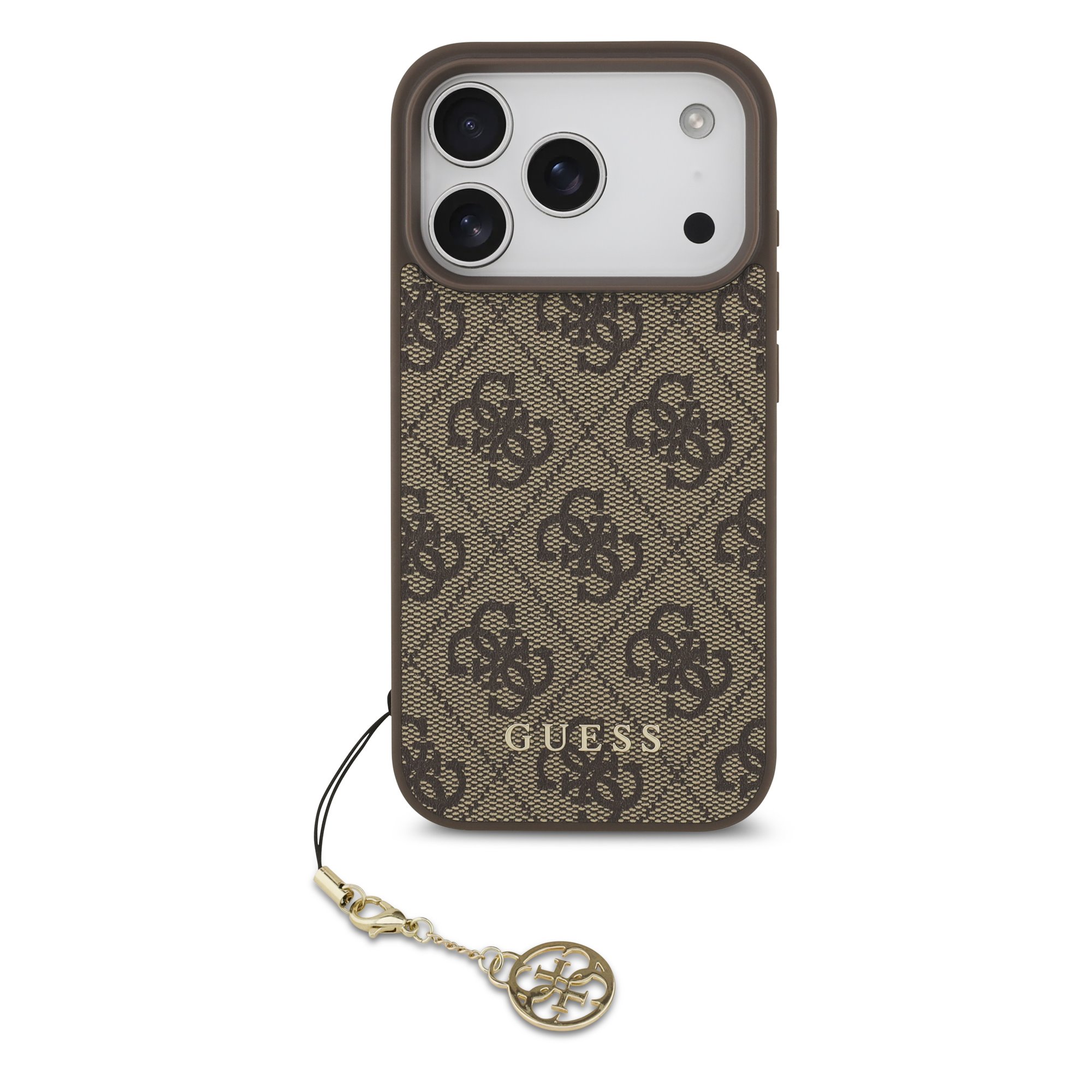 Rudas dėklas Guess 4G Charms Apple Iphone 17 Pro Rudas originalus dėklas Guess 4G Charms telefonui Apple Iphone 17 Pro su ruda raštuota nugara ir auksiniu pakabuku