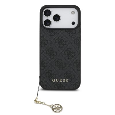 Pilkas originalus dėklas Guess 4G Charms telefonui Apple Iphone 17 Pro Max su juodu raštu ir pakabuku