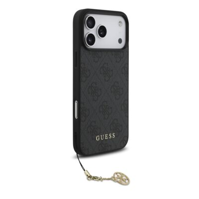 Pilkas originalus dėklas Guess 4G Charms telefonui Apple Iphone 17 Pro Max su aukso spalvos žavesiu
