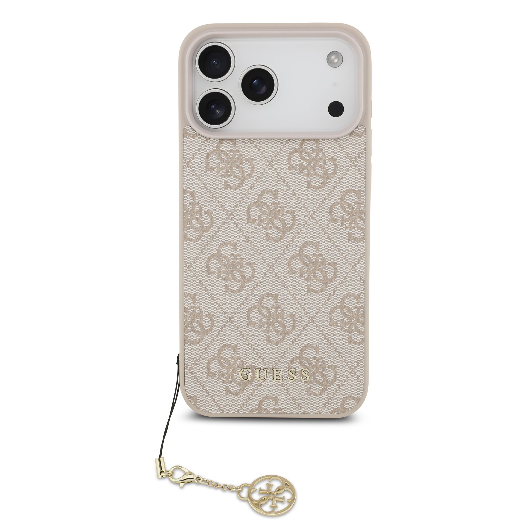 Rausvas originalus dėklas Guess 4G Charms Rausvas originalus dėklas Guess 4G Charms telefonui Apple Iphone 17 Pro Max su odos raštu ir išskirtine pakabuko detalė
