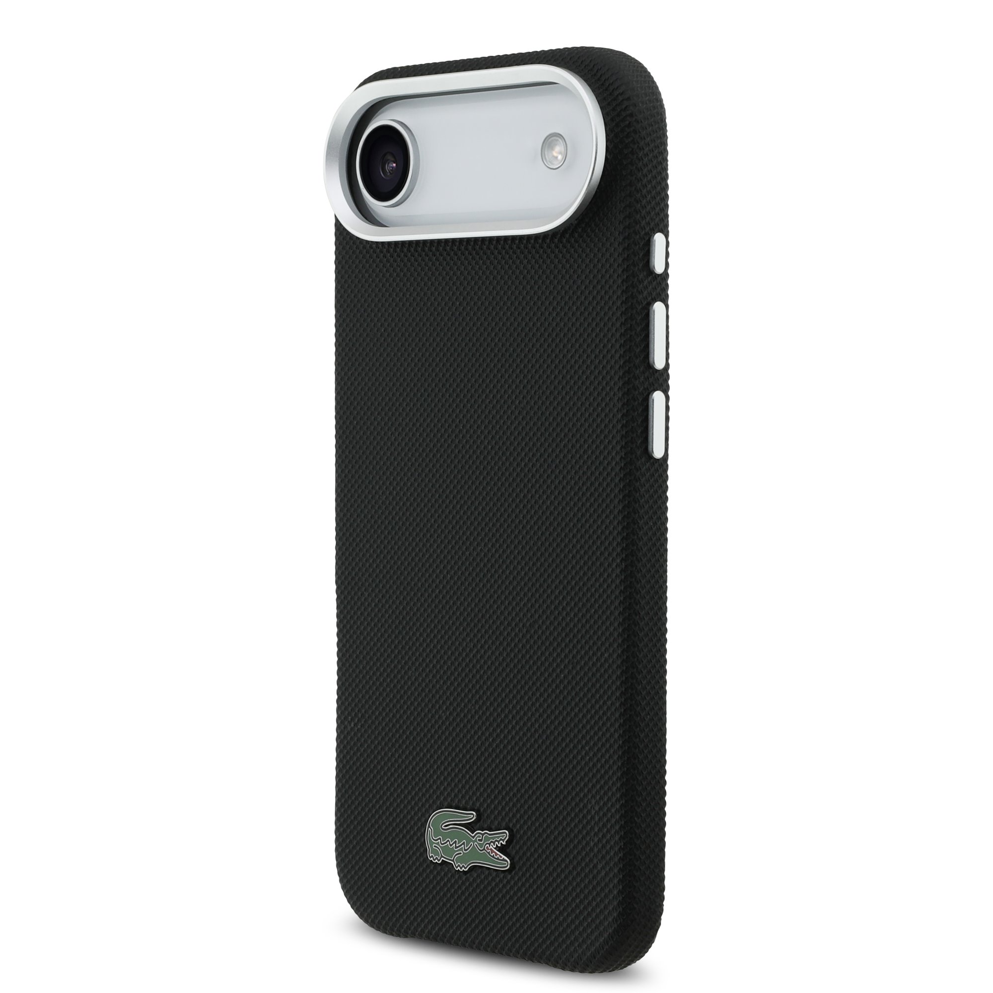 Juodas dėklas Lacoste Iconic Petit Pique Metal Logo MagSafe Juodas dėklas Lacoste Iconic Petit Pique Metal Logo MagSafe telefonui Apple iPhone 17 Air su struktūruota tekstūra