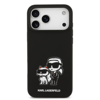 Juodas dėklas telefonui Apple iPhone 17 Pro Max su Karl Lagerfeld ir katės piešiniu