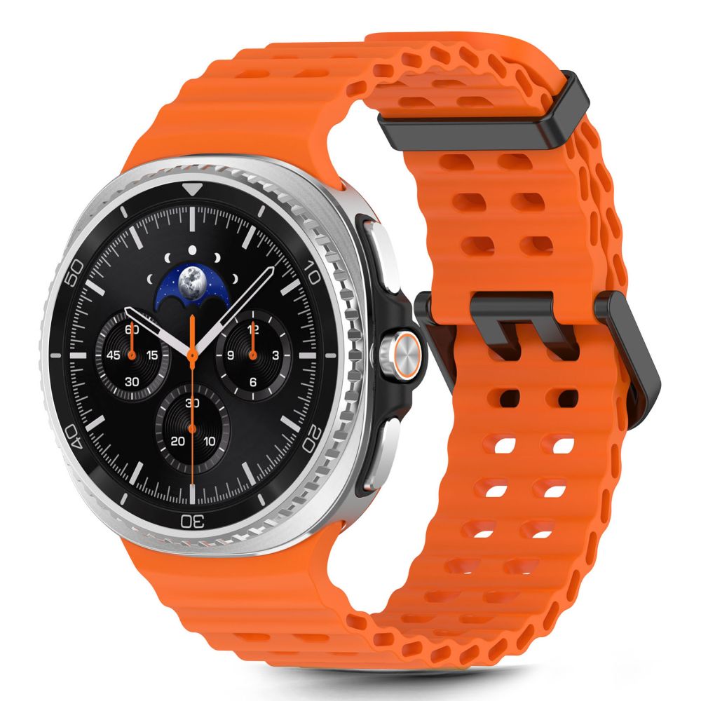 Oranžinė apyrankė Samsung Galaxy Watch 8 Iconband Pro Oranžinė apyrankė Samsung Galaxy Watch 8 su skylėtu silikonu dirželiu ir juodomis sagtimis