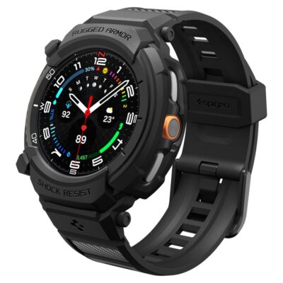 Juodas dėklas ir apyrankė Samsung Galaxy Watch 8 Classic 46mm Spigen Rugged Armor Pro su ryškia apyranke