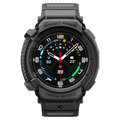 Juodas dėklas ir apyrankė Samsung Galaxy Watch 8 Classic 46mm Spigen Rugged Armor Pro su stilingu raštu