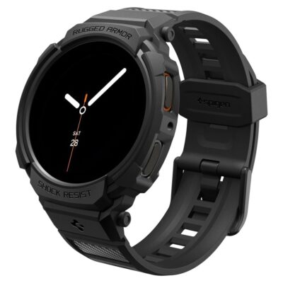 Juodas dėklas ir apyrankė Samsung Galaxy Watch 8 (40mm) Spigen Rugged Armor Pro aplinka