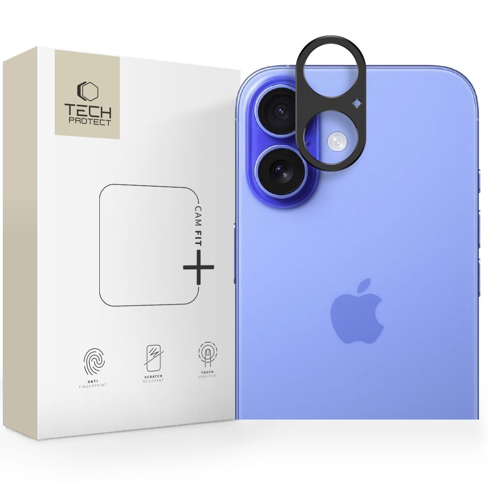 Juoda galinės kameros apsauga Apple Iphone 17 Tech-Protect Camalloy Fit+ Juoda galinės kameros apsauga Apple Iphone 17 Tech-Protect Camalloy Fit plus šalia mėlyno telefono ir dėžutės