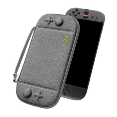 Pilkas dėklas Nintendo Switch 2 TECH-PROTECT SLIM POUCH su tekstūruota paviršiaus ir iškiliais ženklais