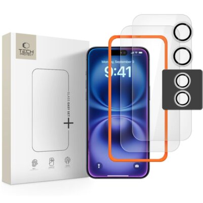 Ekrano ir kameros apsauginis stiklas Apple Iphone 17 Tech-Protect Easy Set 3-Pack su skaidriomis apsaugomis ir oranžiniu rėmeliu