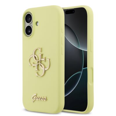 Geltonas originalus dėklas Guess Liquid Silicone 4G Metal Logo telefonui Apple Iphone 17 su metaliniu logotipu