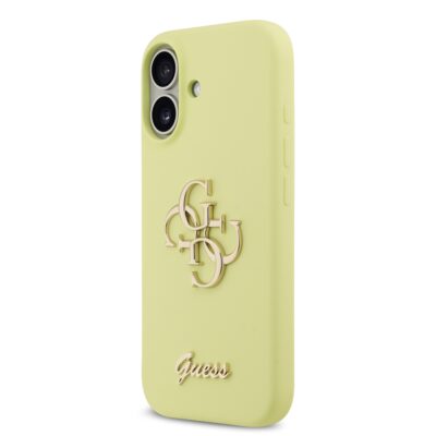 Geltonas originalus dėklas Guess Liquid Silicone 4G Metal Logo telefonui Apple Iphone 17