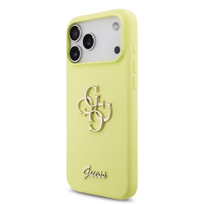Geltonas originalus dėklas Guess Liquid Silicone 4G Metal Logo telefonui Apple Iphone 17 Pro Max