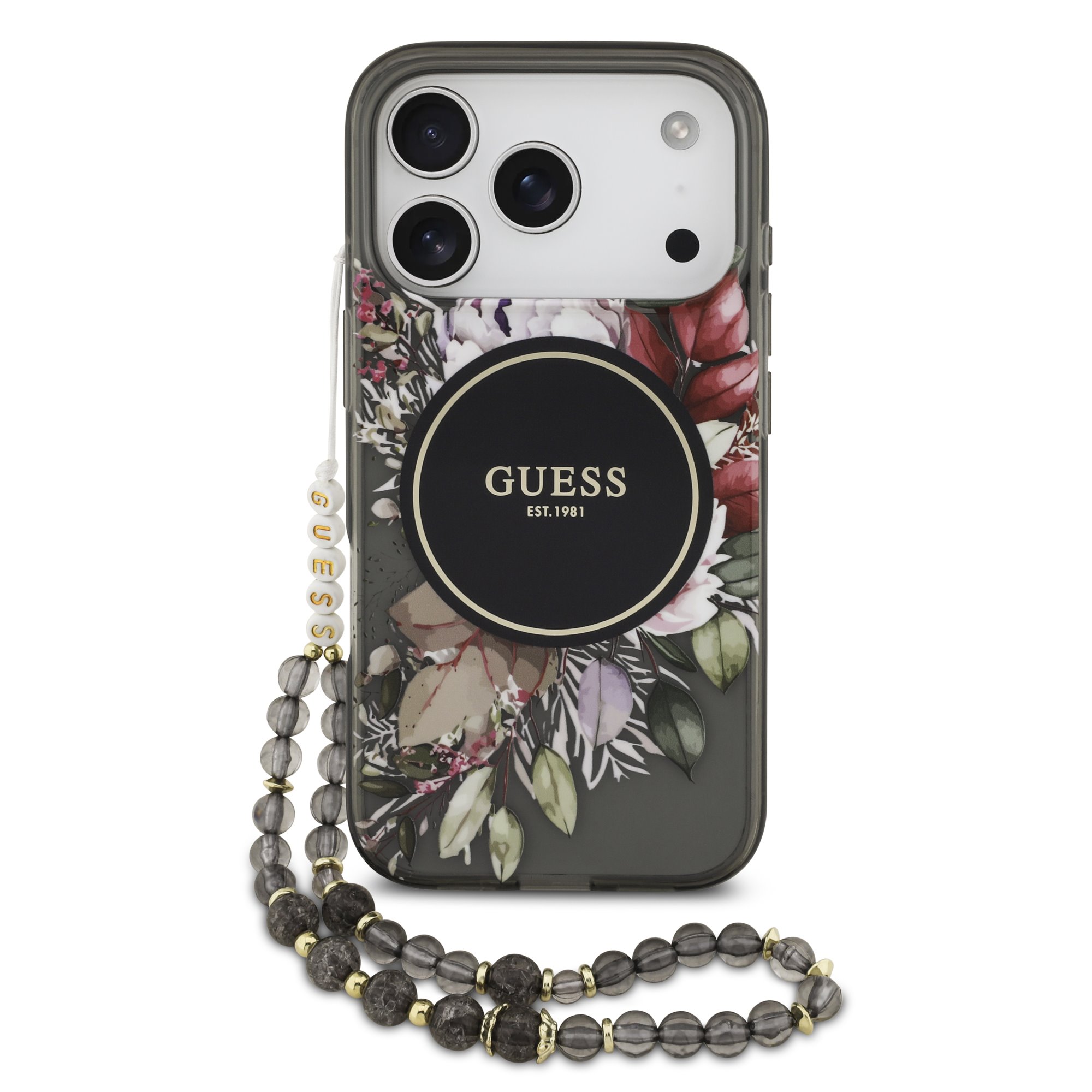 Juodas originalus deklas Guess IML Flowers Strap MagSafe iPhone 17 Pro Juodas originalus dežlas Guess IML Flowers Strap MagSafe telefonui Apple Iphone 17 Pro su gėlėmis ir karoliukų dirželiu
