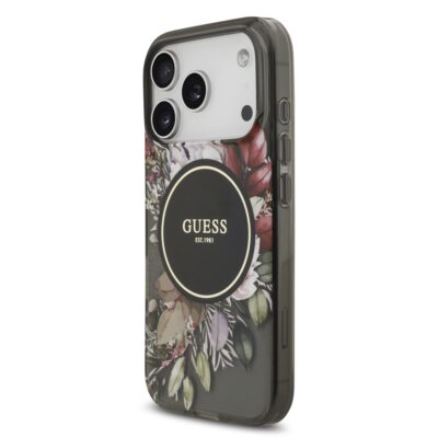 Juodas originalus dėklas Guess IML Flowers Strap MagSafe telefonui Apple Iphone 17 Pro su gėlių raštu ir logotipu