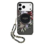 Juodas originalus degklas Guess IML Flowers Strap MagSafe telefonui Apple Iphone 17 Pro Max su gelynu raustu ir ilgu karoliu tvirtinimu