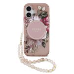 Juodas originalus dėklas Guess IML Flowers su gėlių raštu ir karoliukų dirželiu Apple Iphone 17 telefonui