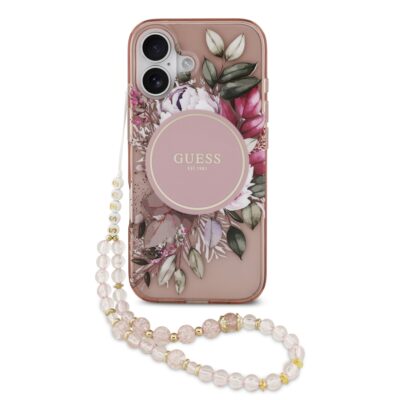 Juodas originalus dėklas Guess IML Flowers su gėlių raštu ir karoliukų dirželiu Apple Iphone 17 telefonui