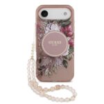 Juodas originalus deklas Guess IML Flowers Strap MagSafe telefonui Apple Iphone 17 Air su gelyte ir karoliuku dirzeliu