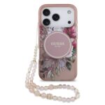 Rausvas originalus dėklas Guess IML Flowers Strap MagSafe telefonui Apple Iphone 17 Pro su gėlių motyvais ir karoliukų dirželiu