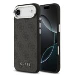 Juodas originalus dėklas Guess 4G MagSafe telefonui Apple iPhone 17 Air su raštuota tekstūra ir metaliniu fotoaparato rėmeliu