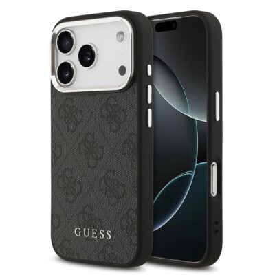 Juodas originalus dėklas Guess 4G MagSafe telefonui Apple iPhone 17 Pro su tekstūruotu paviršiumi ir logotipu