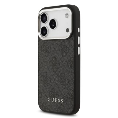 Juodas originalus dėklas Guess 4G MagSafe telefonui Apple iPhone 17 Pro su tekstūriniu paviršiumi ir logotipu