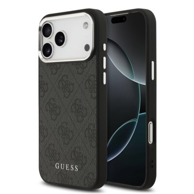 Juodas originalus dėklas Guess 4G MagSafe telefonui Apple iPhone 17 Pro Max su tekstūriniu paviršiumi ir logotipu