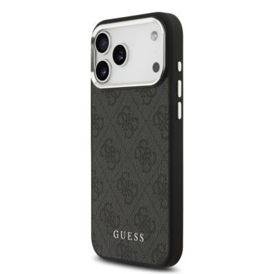 Juodas originalus dėklas Guess 4G MagSafe telefonui Apple iPhone 17 Pro Max su tekstūruota paviršiaus rašto danga