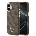 Rudas dėklas telefonui Apple iPhone 17 su Guess PU Leather medžiaga bei auksiniu rėmeliu aplink kameros angą