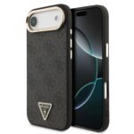 Juodas dėklas Guess PU Leather su trikampio formos aukso rėmeliu ir logotipu Apple iPhone 17 Air telefonui