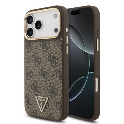 Rudas dėklas Guess PU Leather 4G Triangle Logo Gold Frame MagSafe telefonui Apple Iphone 17 Pro Max