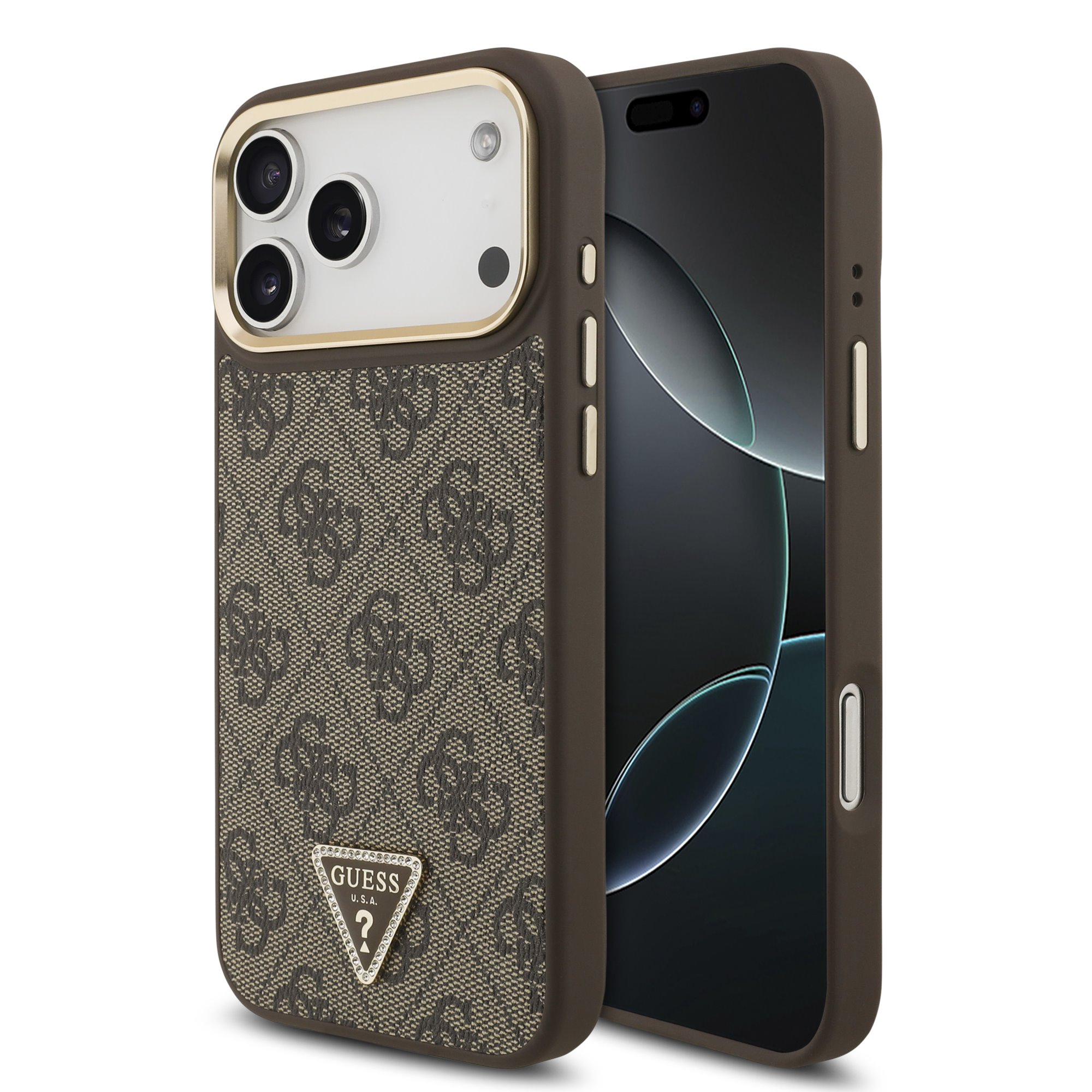 Rudas dėklas Guess PU Leather 4G Triangle Logo Gold Frame MagSafe Rudas dėklas Guess PU Leather 4G Triangle Logo Gold Frame MagSafe telefonui Apple Iphone 17 Pro Max