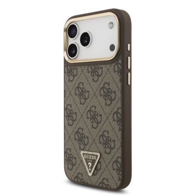 Rudas dėklas Guess PU Leather 4G Triangle Logo Gold Frame MagSafe telefonui Apple Iphone 17 Pro Max su unikaliu raštu