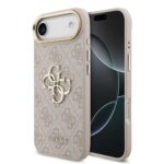 Rausvas dėklas telefonui Apple iPhone 17 Air Guess PU Leather su metaliniu auksiniu rėmeliu ir MagSafe