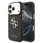 Juodas dėklas telefonui Apple iPhone 17 Pro Guess PU Leather su metaliniu auksiniu rėmeliu ir MagSafe